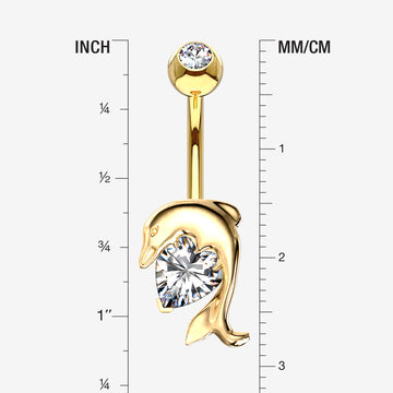 Detail View 1 of 14 Karat Gold Adorable Dolphin Hugging Heart Sparkle Belly Button Ring-Clear Gem